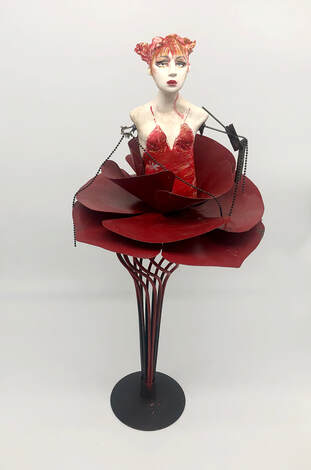 Sculptural ceramic figures Boho, metal flowers , street art inspired assembled with found objects by Alicia Tapp