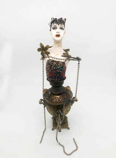 Sculptural ceramic figure, steampunk inspired, assembled with found objects