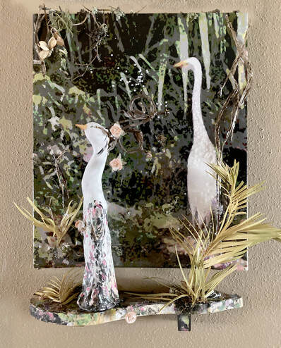 The Tea Garden ~ Mixed Media including hand built ceramic Egret  assembled with found objects, glass and resin